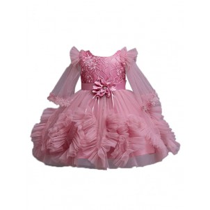 Baby Girls Ruched Ruffle Tulle Dress Flare Long Sleeve Puffy Party Dress for Birthday Baptism