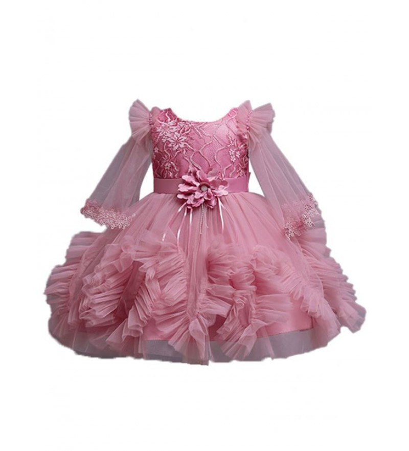 Baby Girls Ruched Ruffle Tulle Dress Flare Long Sleeve Puffy Party Dress for Birthday Baptism