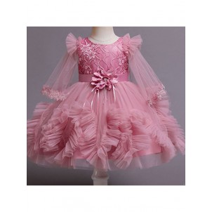 Baby Girls Ruched Ruffle Tulle Dress Flare Long Sleeve Puffy Party Dress for Birthday Baptism