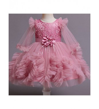 Baby Girls Ruched Ruffle Tulle Dress Flare Long Sleeve Puffy Party Dress for Birthday Baptism