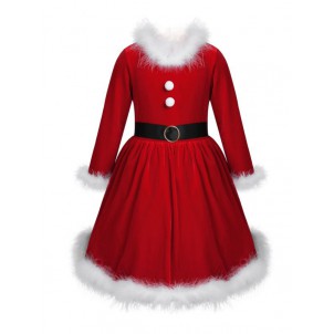 Baby Girls Santa Claus Costume Long Sleeves Red Velvet Christmas Dress