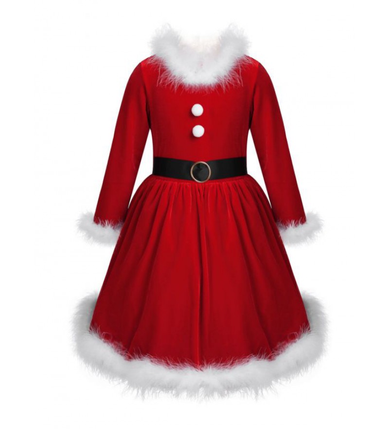 Baby Girls Santa Claus Costume Long Sleeves Red Velvet Christmas Dress