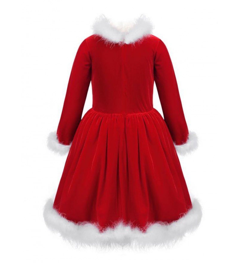 Baby Girls Santa Claus Costume Long Sleeves Red Velvet Christmas Dress