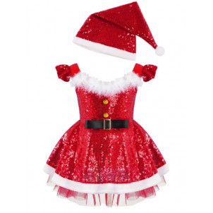 Toddler Baby Girls Christmas Costume Sequins Faux Fur Adorned High Waist Dress with Hat