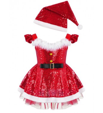 Toddler Baby Girls Christmas Costume Sequins Faux Fur Adorned High Waist Dress with Hat