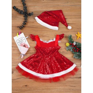 Toddler Baby Girls Christmas Costume Sequins Faux Fur Adorned High Waist Dress with Hat