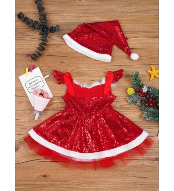 Toddler Baby Girls Christmas Costume Sequins Faux Fur Adorned High Waist Dress with Hat