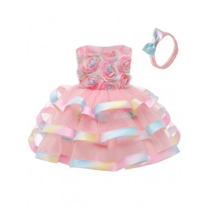 Baby Girls Sleeveless Flower Decorated Tutu Tiered Dress with Bowknot Headband