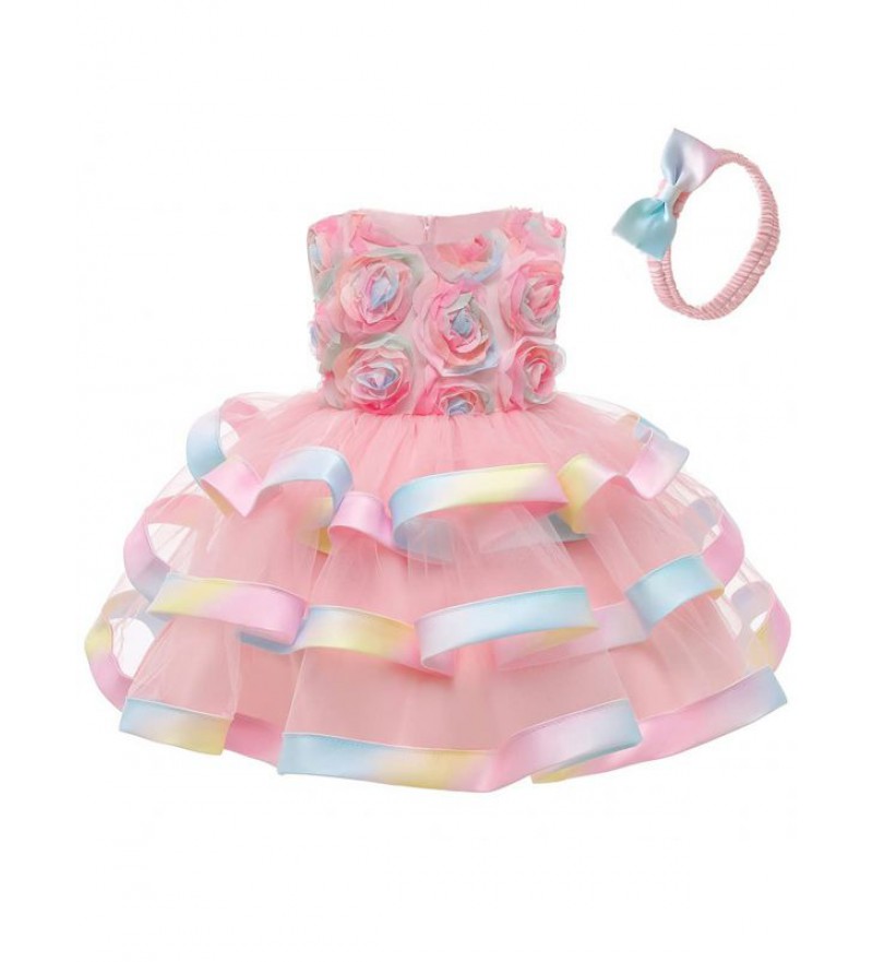 Baby Girls Sleeveless Flower Decorated Tutu Tiered Dress with Bowknot Headband