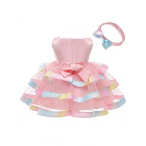 Baby Girls Sleeveless Flower Decorated Tutu Tiered Dress with Bowknot Headband