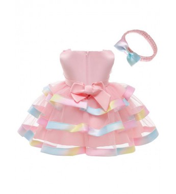 Baby Girls Sleeveless Flower Decorated Tutu Tiered Dress with Bowknot Headband