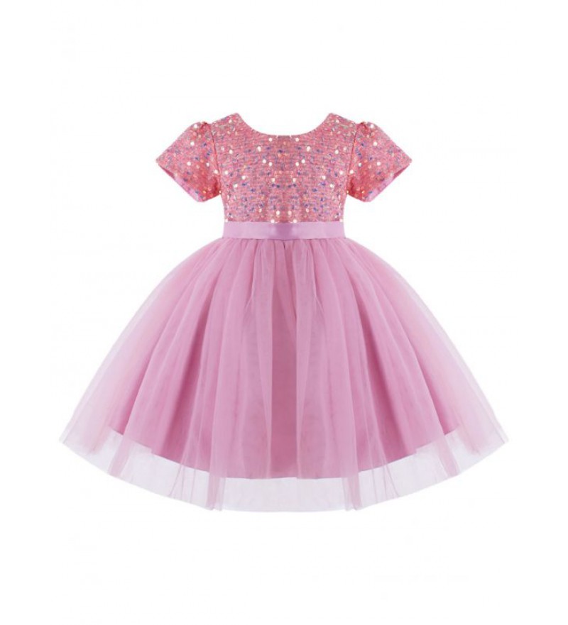 Kids Little Baby Girls Sparkling Sequin Wedding Birthday Party Dress Short Sleeve Fluffy Tulle A-Line Dress