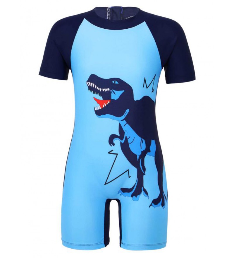 Kids Boys One-piece Jumpsuit Swimwear Short Sleeves Zipper Cartoon Dinosaur Shark Print Beach Bathing Suit