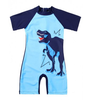 Kids Boys One-piece Jumpsuit Swimwear Short Sleeves Zipper Cartoon Dinosaur Shark Print Beach Bathing Suit