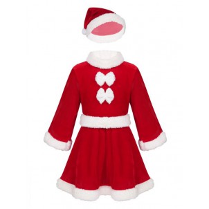 Infant Baby Boys Girls Christmas Santa Claus Suit Long Sleeves Velvet Dress with Hat Set/ Tops with Pants Belt Hat Set