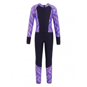 Kids Girls Boys Mock Neck Long Sleeves Swimwear Folk Pattern Print Long Swimming Jumpsuit