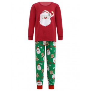 Kids Unisex Long Sleeves Sleepwear Cartoon Santa Claus Print Tops and Pants Pajama Set