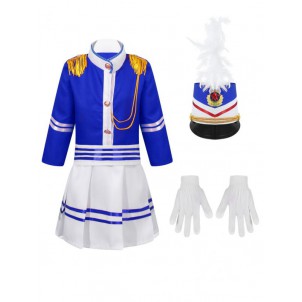 Kids Unisex Drum Trumpet Team Costume Honor Guard Uniform Performance Suit Tops with Pants Pleated Skirt