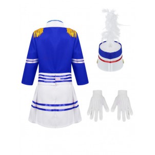 Kids Unisex Drum Trumpet Team Costume Honor Guard Uniform Performance Suit Tops with Pants Pleated Skirt