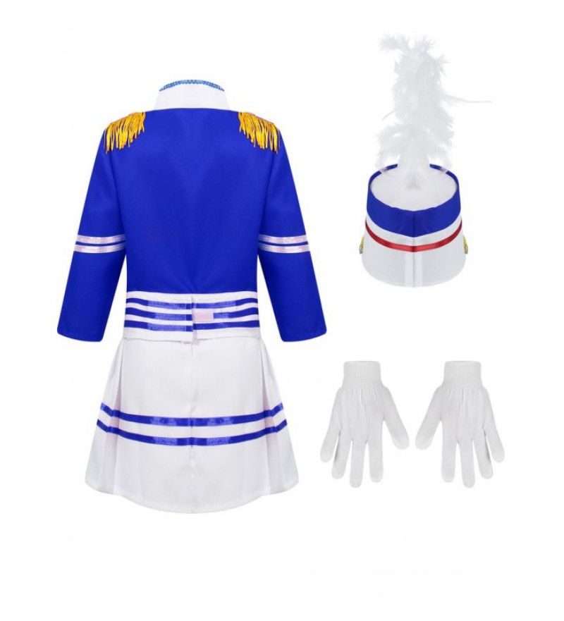 Kids Unisex Drum Trumpet Team Costume Honor Guard Uniform Performance Suit Tops with Pants Pleated Skirt