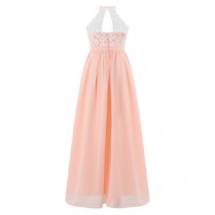 Kids Girls Elegant Lace Patchwork Chiffon Dress Halter Neck High Waist Wedding Party Maxi Dress