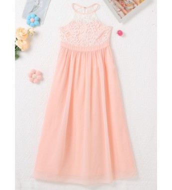 Kids Girls Elegant Lace Patchwork Chiffon Dress Halter Neck High Waist Wedding Party Maxi Dress