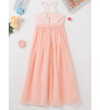 Kids Girls Elegant Lace Patchwork Chiffon Dress Halter Neck High Waist Wedding Party Maxi Dress