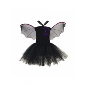 Girls Cartoon Bat Halloween Cosplay Costume Stretchy Crochet Bodice Mesh Tutu Dress with Hair Hoop and Wings Set