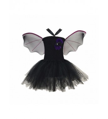 Girls Cartoon Bat Halloween Cosplay Costume Stretchy Crochet Bodice Mesh Tutu Dress with Hair Hoop and Wings Set