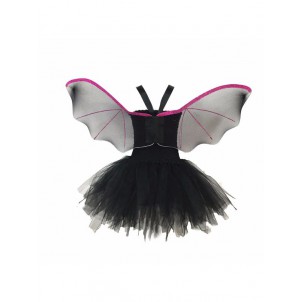 Girls Cartoon Bat Halloween Cosplay Costume Stretchy Crochet Bodice Mesh Tutu Dress with Hair Hoop and Wings Set