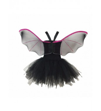 Girls Cartoon Bat Halloween Cosplay Costume Stretchy Crochet Bodice Mesh Tutu Dress with Hair Hoop and Wings Set