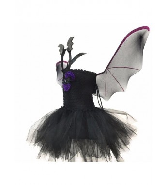 Girls Cartoon Bat Halloween Cosplay Costume Stretchy Crochet Bodice Mesh Tutu Dress with Hair Hoop and Wings Set