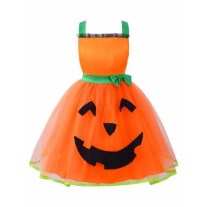 Girls Halter Neck Backless Halloween Pumpkin Dress Stage Performance Cosplay Party Costume