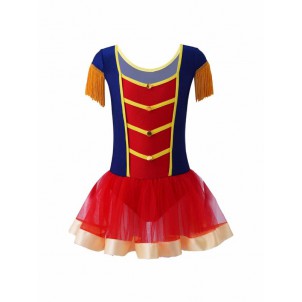 Kids Girls Tulle Cosplay Leotard Tassel Sleeve Gold Button Decoration Bodysuit Costume