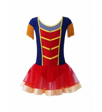 Kids Girls Tulle Cosplay Leotard Tassel Sleeve Gold Button Decoration Bodysuit Costume