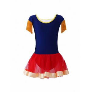 Kids Girls Tulle Cosplay Leotard Tassel Sleeve Gold Button Decoration Bodysuit Costume