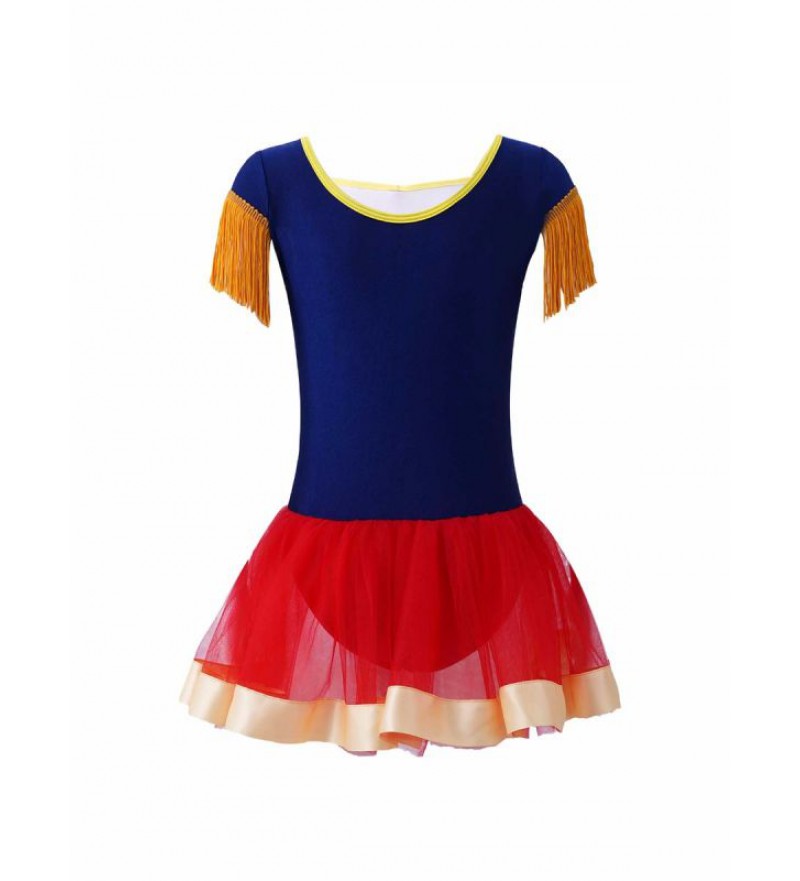 Kids Girls Tulle Cosplay Leotard Tassel Sleeve Gold Button Decoration Bodysuit Costume