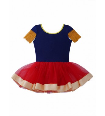 Kids Girls Tulle Cosplay Leotard Tassel Sleeve Gold Button Decoration Bodysuit Costume