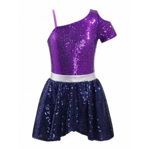 Kids Girls Oblique Shoulder Gymnastic Leotard Sequins Decor Patchwork Ballet Dance Leotard Dress