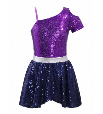 Kids Girls Oblique Shoulder Gymnastic Leotard Sequins Decor Patchwork Ballet Dance Leotard Dress