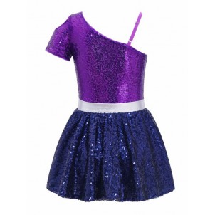 Kids Girls Oblique Shoulder Gymnastic Leotard Sequins Decor Patchwork Ballet Dance Leotard Dress