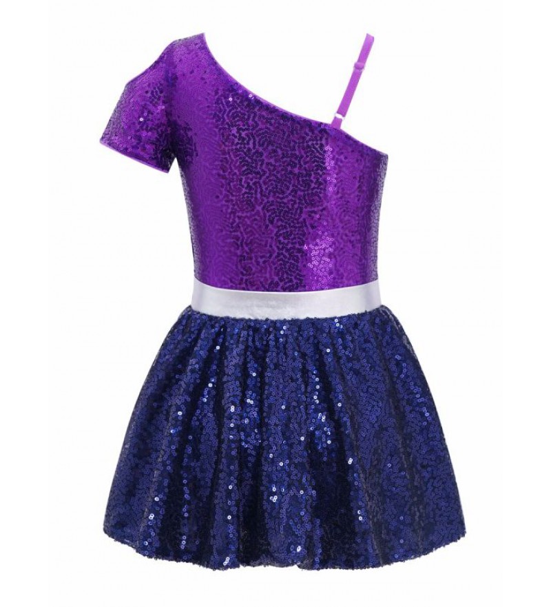 Kids Girls Oblique Shoulder Gymnastic Leotard Sequins Decor Patchwork Ballet Dance Leotard Dress