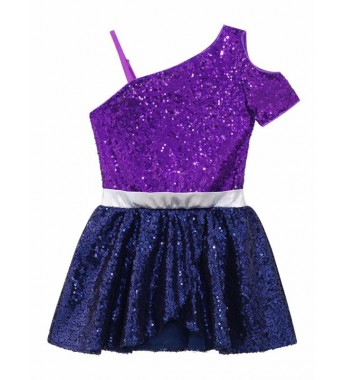 Kids Girls Oblique Shoulder Gymnastic Leotard Sequins Decor Patchwork Ballet Dance Leotard Dress