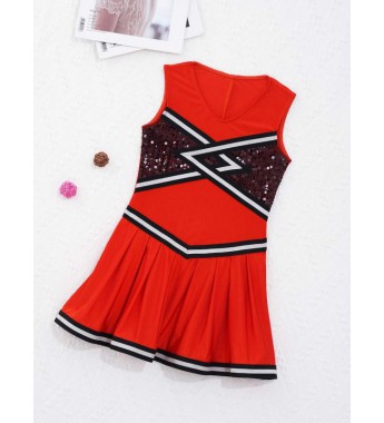 Big Girls Sleeveless Sequins Cheerleading Outfit Patchwork Striped Cheerleading Dance Dress