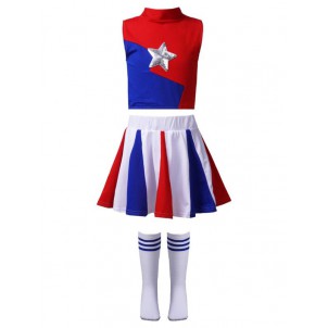 Kids Girls Cheerleading Outfit Sequins Star Decor Crop Top with Elastic Waistband Skirt and Socks