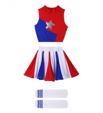 Kids Girls Cheerleading Outfit Sequins Star Decor Crop Top with Elastic Waistband Skirt and Socks