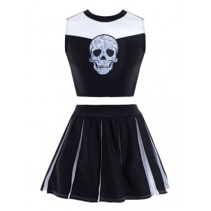 Girls Cheerleading Dance Outfit Sleeveless Skull Pattern Print Crop Top with Elastic Waistband Pleated Skirt