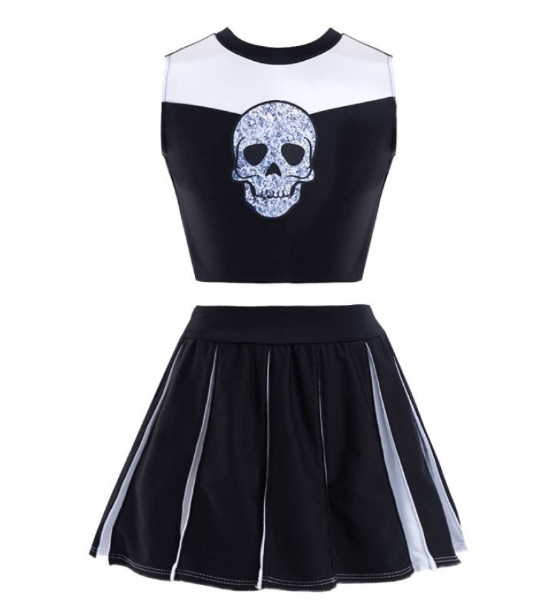 Girls Cheerleading Dance Outfit Sleeveless Skull Pattern Print Crop Top with Elastic Waistband Pleated Skirt