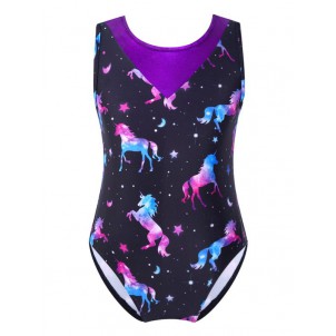 Girls V Neck Cartoon Print Ballet Dance Leotard Patchwork Design Gymnastic Jumpsuit Bodysuit