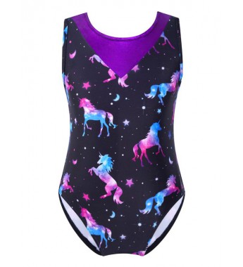 Girls V Neck Cartoon Print Ballet Dance Leotard Patchwork Design Gymnastic Jumpsuit Bodysuit